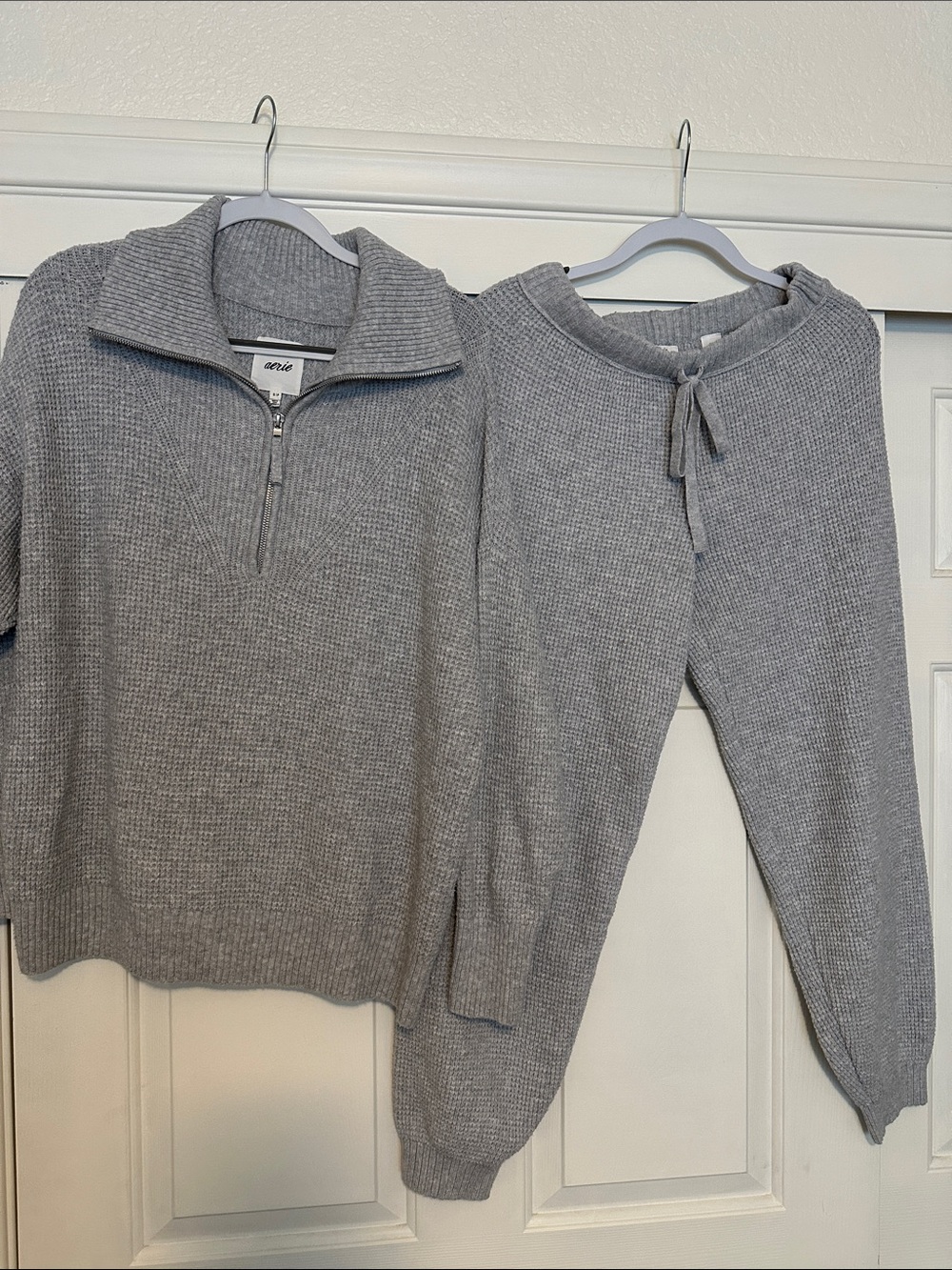 aerie Gray Waffle Knit Quarter-Zip Sweater & Jogger Lounge Set